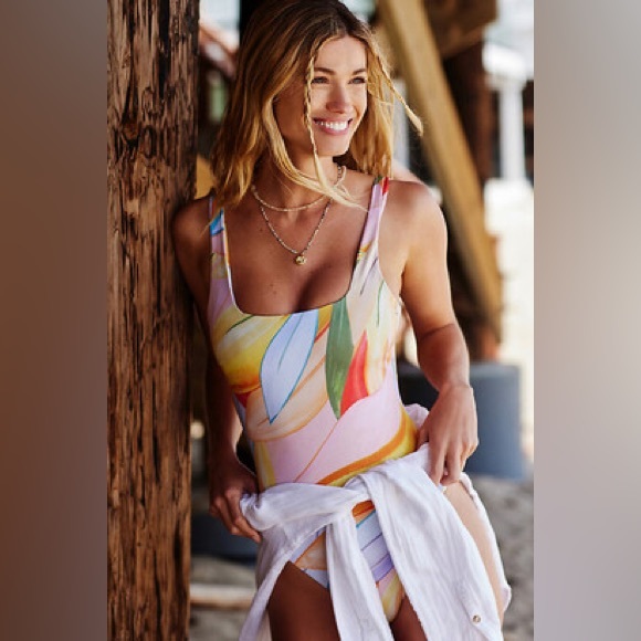 Anthropologie x Saint Maddox Square Neck One-Piece Swimsuit Peach Large - Picture 2 of 9